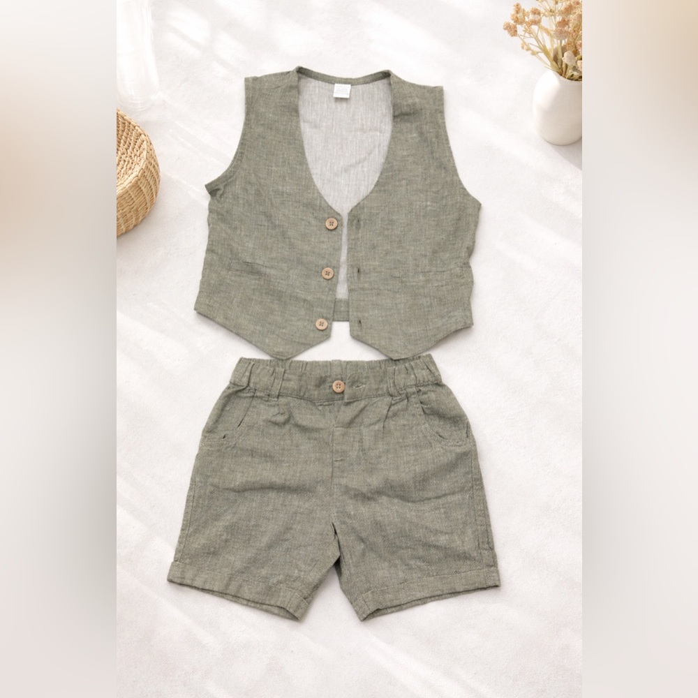 Kids Olive Green Gray Matching Linen Vest and Shorts Set 100% Cotton